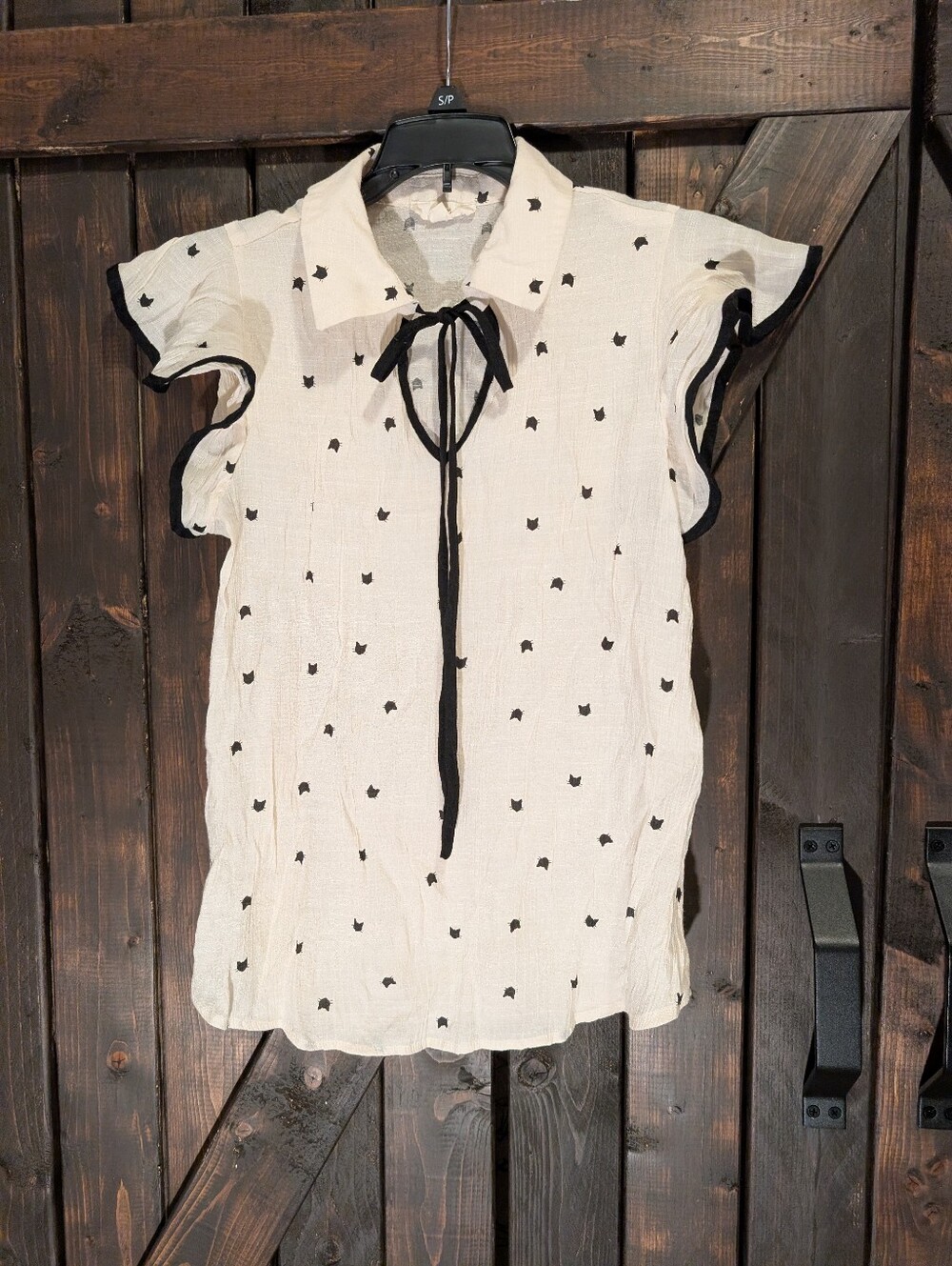 Women's Cat Cream Ruffle Sleeve Tie-Neck Blouse, Size M